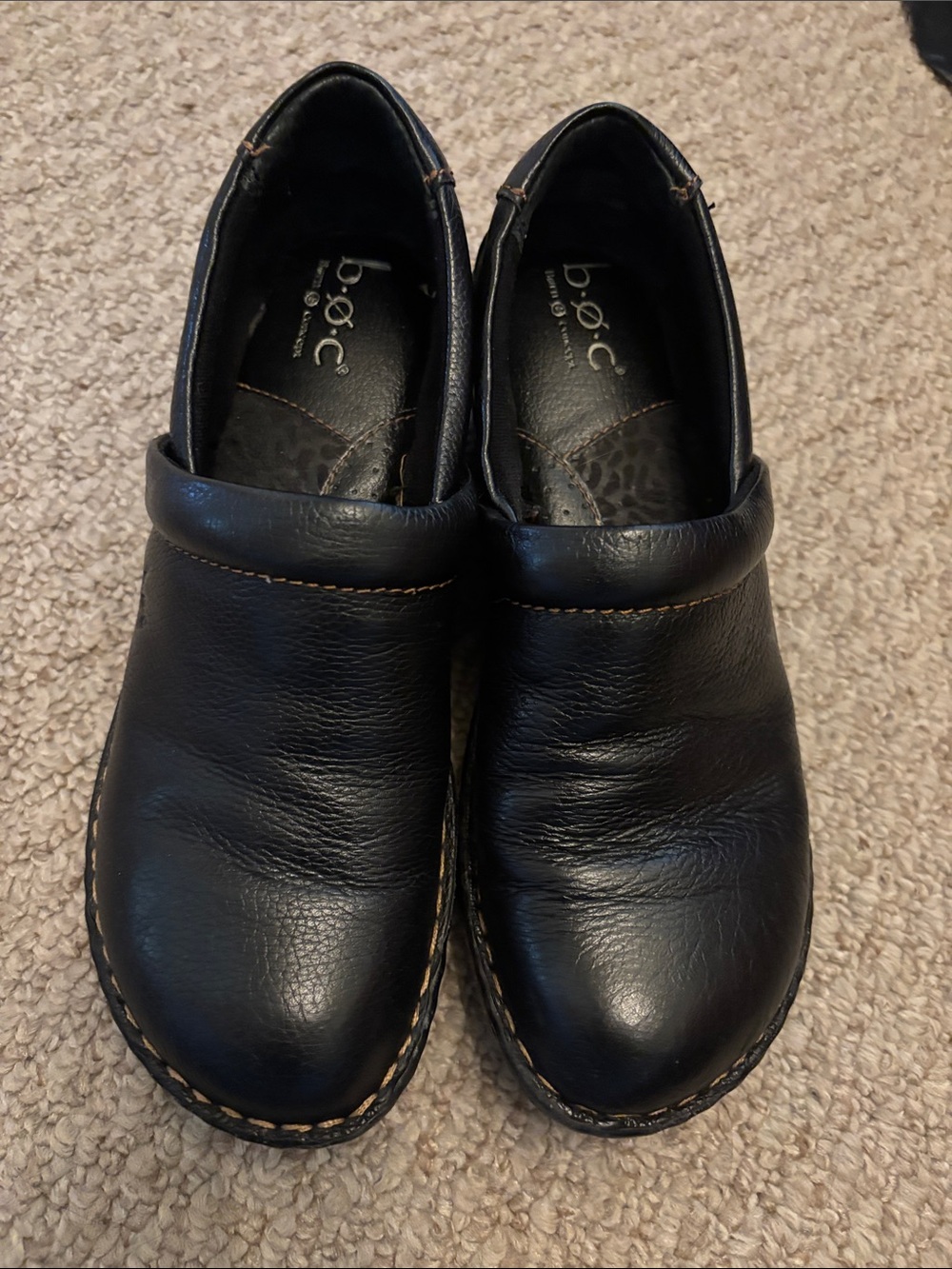 b.o.c. Black Leather Slip-On Clogs with Contrast Stitching